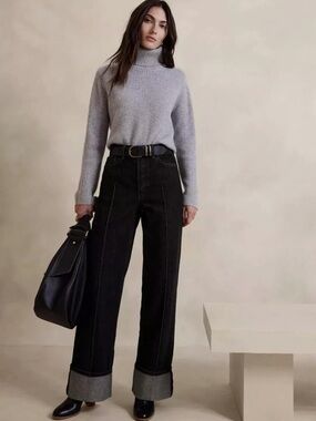 BANANA REPUBLIC Wide-Leg Dark Indigo  Pintuck Jeans with Cuffed Hem